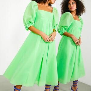 ASOS Edition Organza Green Midi Dress Puff Sleeve A Line Empire Waist Womens 4